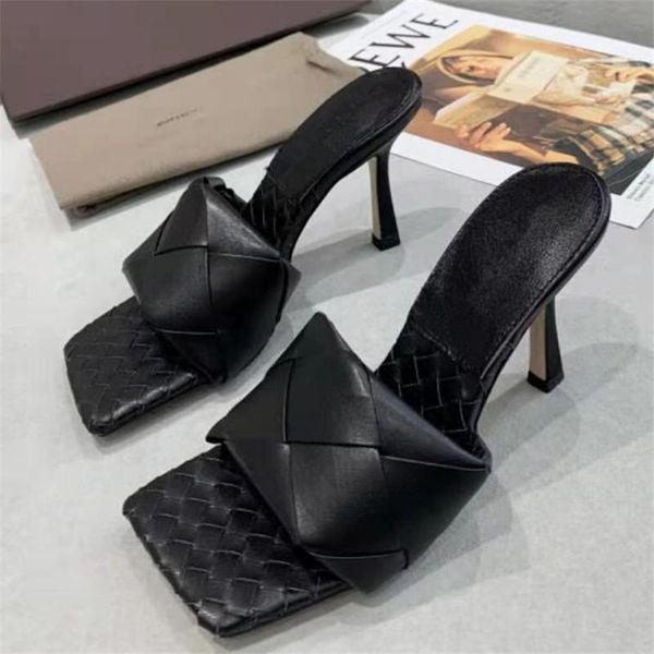 

high-heeled brand designer women's sandals summer fashion outdoor luxury female slippers handmade weaving leather ladies shoes dress, Black