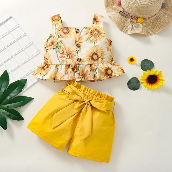 

clothing sets baby girls sunflowers summer button ruffled 2pcs floral bow shorts outfits born clothes 1 2 3 4 years old, White