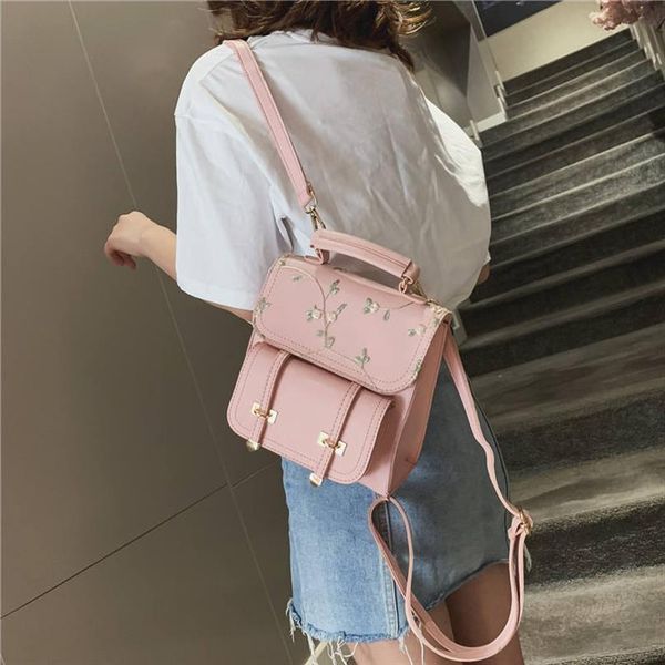 

fashion school teenage girls leather women shoulder bag backpack floral embroidery design rucksack mochila