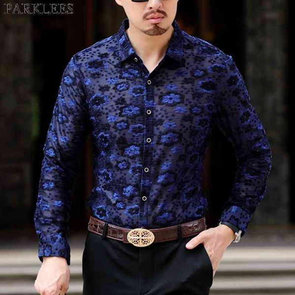 

men's luxury floral embroidery transparent shirt see through clubwear dress shirt men party event lace sheer chemise 210522, White;black
