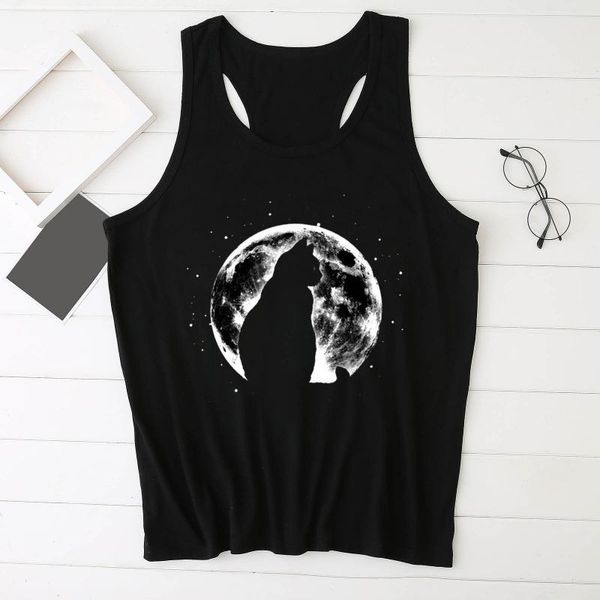 

lonely moon cat women tank fashion design tanks print tees summer sleeveless o-neck off shoulder vintage clothes women's & camis, White