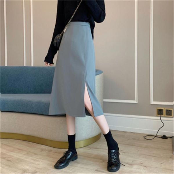 

skirts women aline simple slim elastic waist side-slit empire all-match solid mid-calf korean style casual elegant office ladies, Black