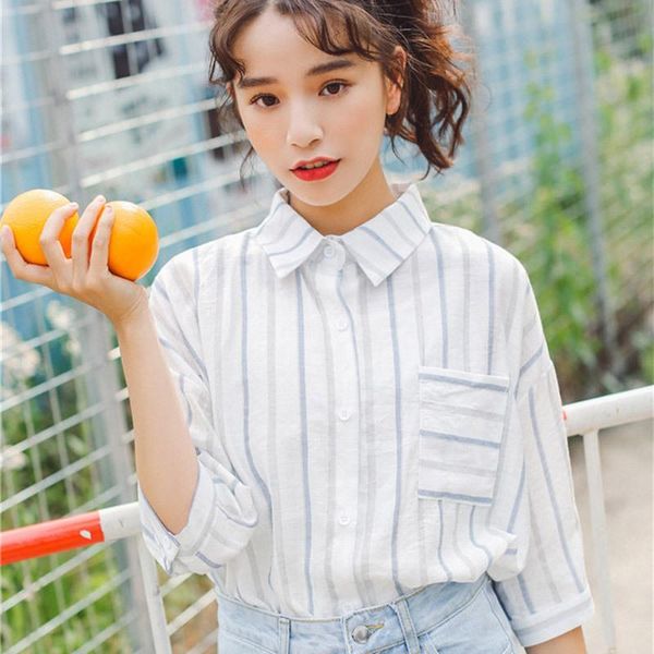 

blouse women summer striped korean blouses loose half sleeve shirts turn down collar 2021 blusas mujer de moda women's &, White