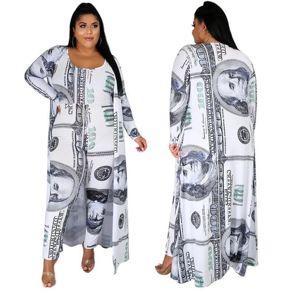 

plus size money dollar women tracksuits print 2 pieces set long dress coats and tank jumpsuit party clubwear fall, Gray