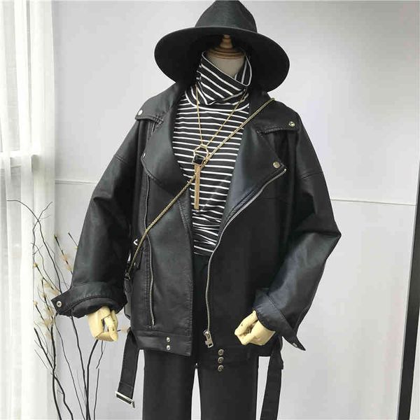 

[eam] spring black pu leather loose turn-down collar zipper fashion new women's wild jacket la938 201015, Black;brown