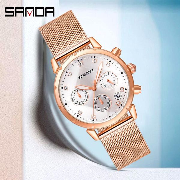 

wristwatches sanda 2021 fashion stylish women wristwatch quartz movement life waterproof crystal multi-functional watches 1038, Slivery;brown