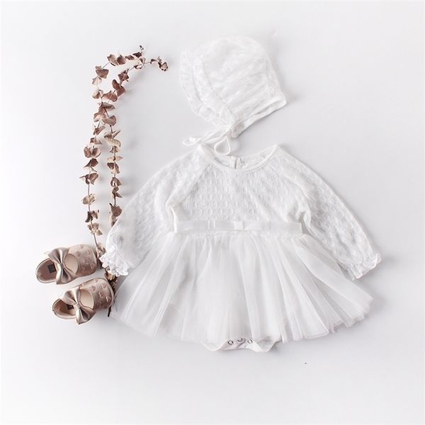 

spring romper girls baby long sleeve button hat 2pcs cotton climbing clothing lace clothes birthday dress 210521, Blue
