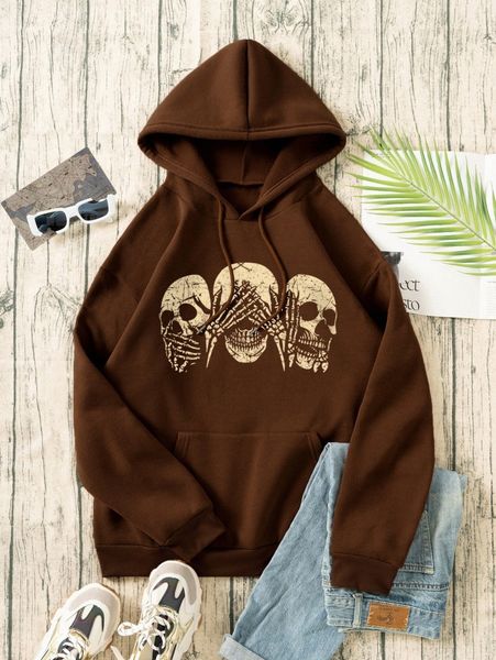 

skull print kangaroo pocket drawstring thermal hoodie i5pk#, White;black