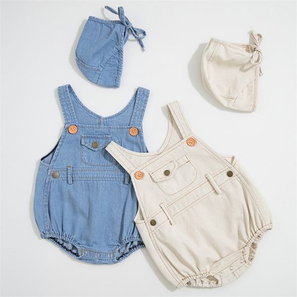 Padrão Bebê Meninos Meninas Jumpsuit de Verão Bodysuits Calças de brim de cor clara Ha-Yi Triângulo Roupa de rastejamento para enviar chapéus Macshers 210429