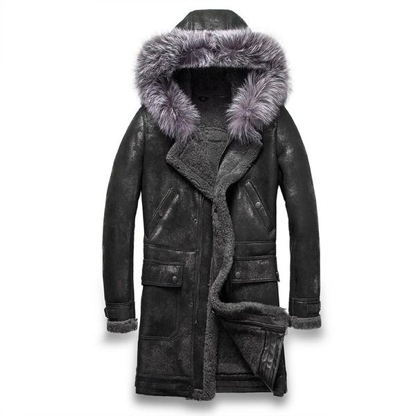 

men's leather & faux mens genuine jackets real fur coats 100% sheepskin shearling thickening hood warm outwear overcoat snow, Black