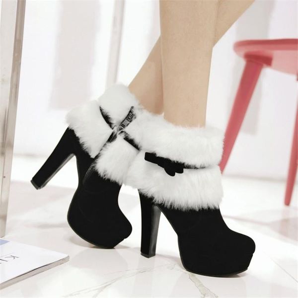 

boots winter women high heels platform comfort shoes warm fur short black ladies party plus size ankle