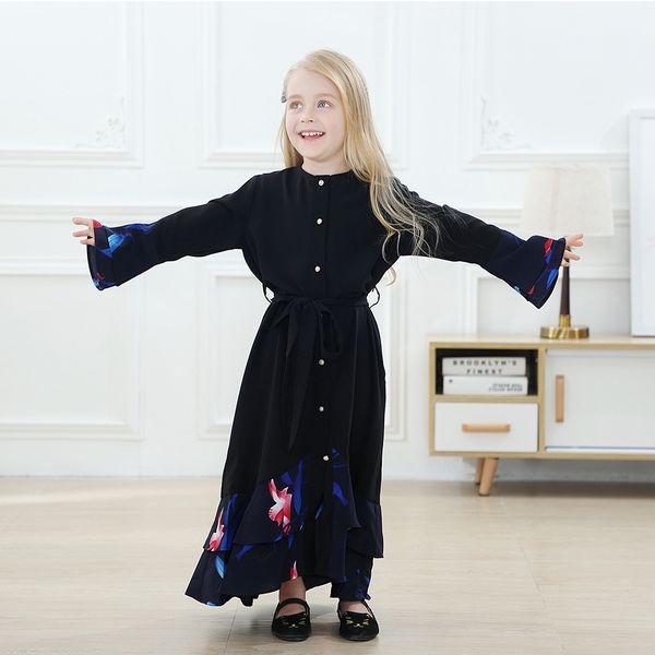 

2021 flared girls kaftan abaya dubai turkey hijab muslim dress islam clothing abayas for kids robe musulman children dresses, Red