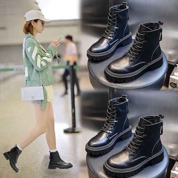 

boots leather women's shoes 2021 winter tube thick heel leisure plush, Black