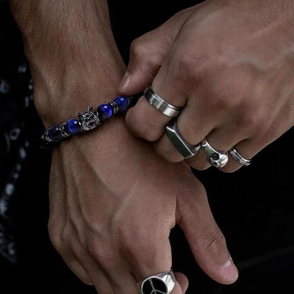 

link, chain save a wolf bracelet head lava energy stone beaded bracelets men natural tiger eye onyx beads for male, Black
