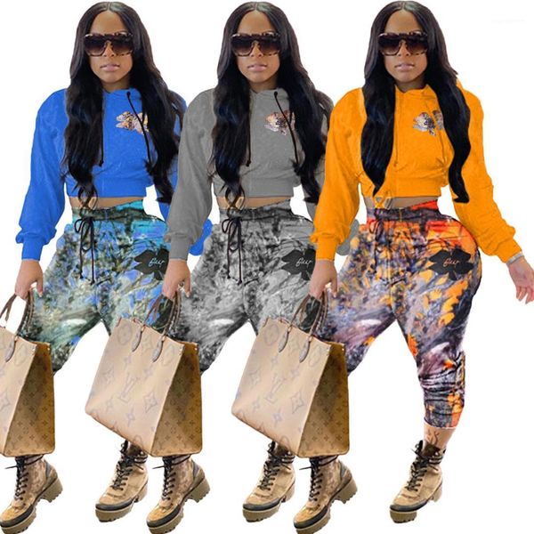 

women's 2pcs set fashionn casual women clothing print womens two piece pants autumn winter long sleeve easy matching hooded, White