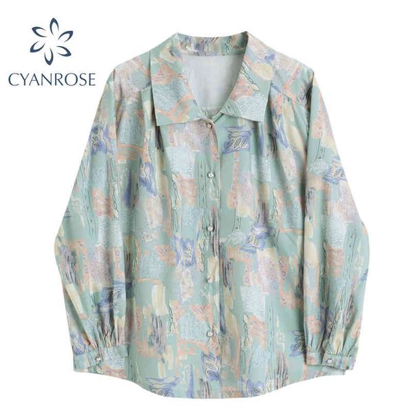 

autumn vintage print female blouse fashion streetwear loose long sleeve shirts casual turn down collar women blusas 210417, White