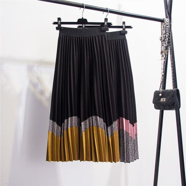 

skirts folding to color tables contrast elastic waist street fashion in 2021, Black