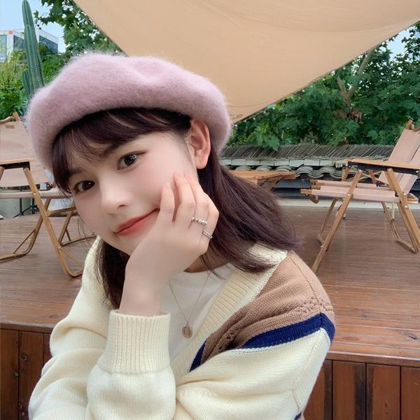 

berets 2021 autumn winter hat women angora fur fashion warm art painter sweet retro solid color octagonal, Blue;gray