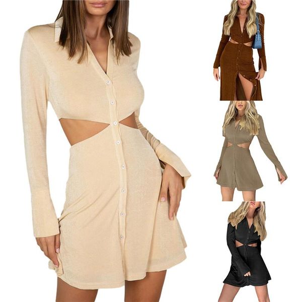

casual dresses women long sleeve dress fashion solid color hollow single-breasted high waist short dress, s/./l, Black;gray