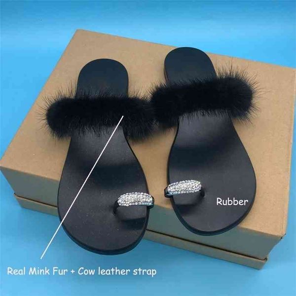 

slippers women crystal buckle slides shoes real mink fur cow leather strap flip flops 210310, Black