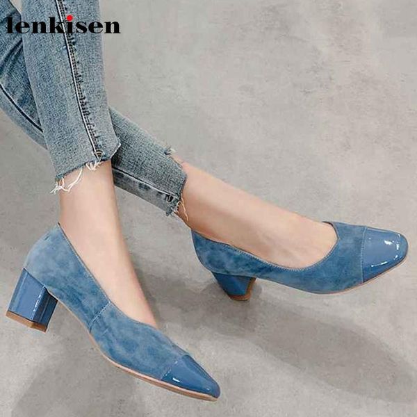 

lenkisen cow leather patchwork office lady daily wear simple style square toe fashion slip on sweet elegant women cozy pumps l10 dress shoes, Black