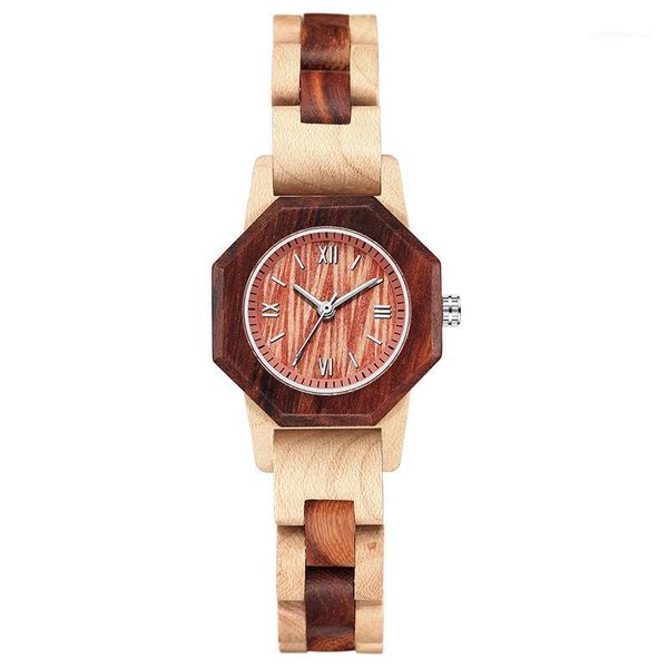 

wristwatches vintage wooden watches women small bracelet female quartz full wood maple red sandalwood octagon clock reloj, Slivery;brown