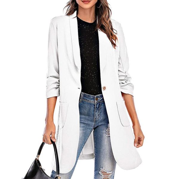 

women's suits & blazers women plain business blazer workwear slim casual long sleeve coat one-button mid length overcoat office lady, White;black