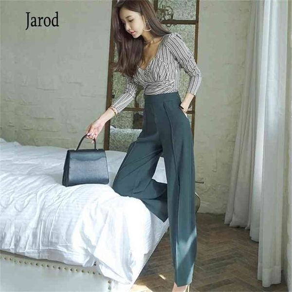 

korean two piece set office ol lady long sleeve v neck printed blouse+high waist straight pant suits spring women's set 210519, White