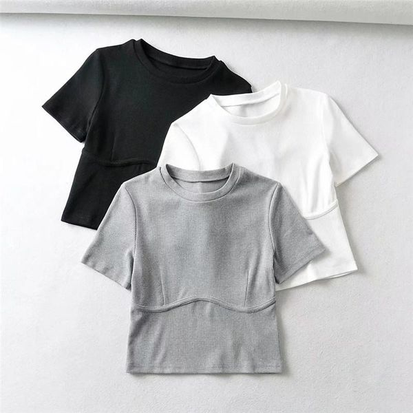 

women's t-shirt merodi women spring fashion knitted solid slim t-shirts chic lady casual short sleeve o-neck skinny girls classic tee, White