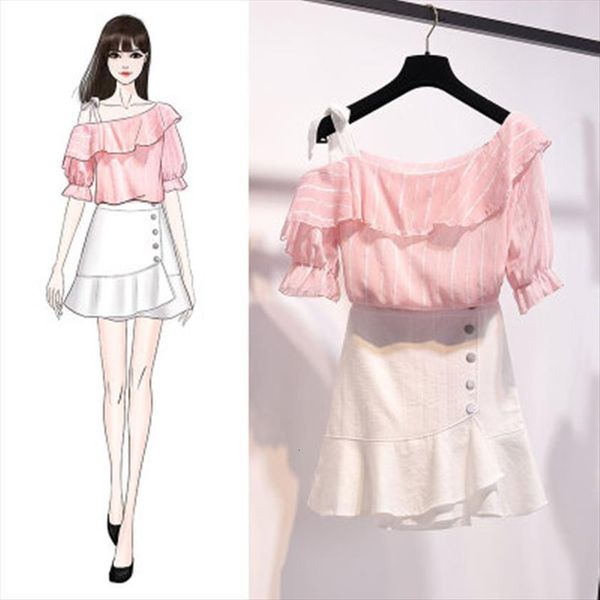 

summer sweet one shoulder womens tracksuits suit korea chiffon blouse shirt mini bodycon skirt cute two piece skirts sets, Gray