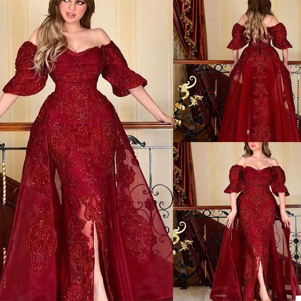 Vestidos de noite de sereia vermelho escuro com trem destacável Dubai árabe lantejoulas laço appliques vestidos de festa de baile vestido vestidos de fiesta