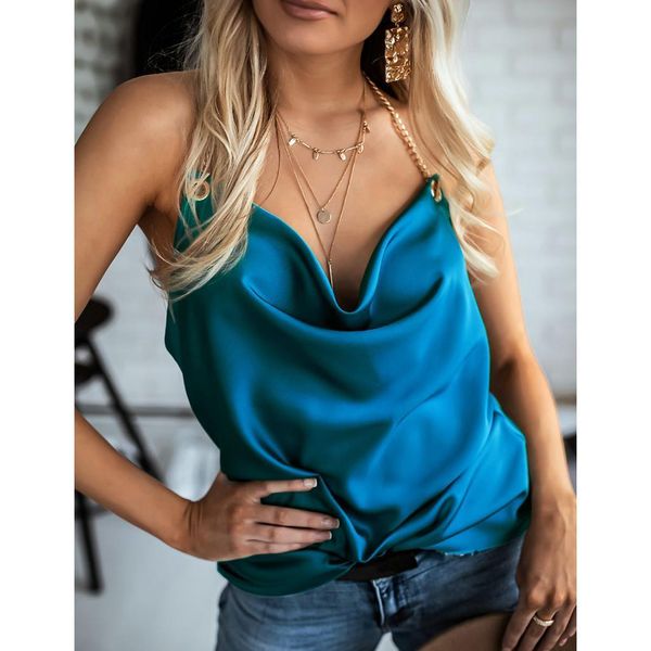 

h30 women cami fashion satin tank chains halter sleeveless v neck summer crop solid color tirantes, White