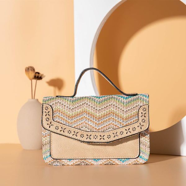 

outdoor bags pp grass splicing pu horizontal square shoulder bag ins wind hollow oblique span small women's
