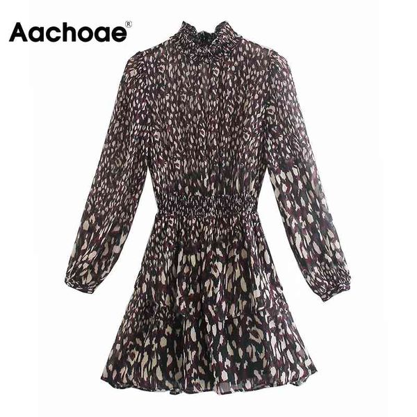 Aachoae Streetwear Leopar Baskı Mini Elbiseler Kadınlar için Şeffaf Uzun Kollu Pileli Elbise Elastik Bel Lady Şifon Elbise 210413