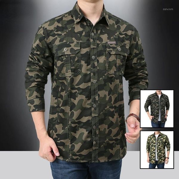 

men's casual shirts long-sleeved camouflage shirt cotton thin coat lapel military uniform multi-pocket tooling trend, White;black