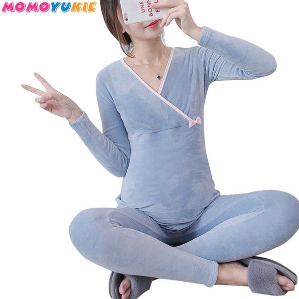 Pigiama di maternità al seno Pigiama di cotone Abbigliamento per la cura della maternità per la gravidanza Donne Manica lunga Top + Pantaloni Sleepwear Set 210713