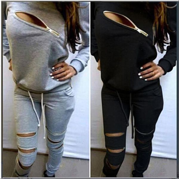 

sportwear zipper fly hole sweatsuit womens tracksuits set sweatshirt jogger pants active tracksuit two piece fitness outfits, Gray