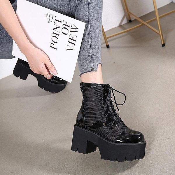 

boots mesh hollow zipper 8cm high heel women platform thick bottom shoes, Black