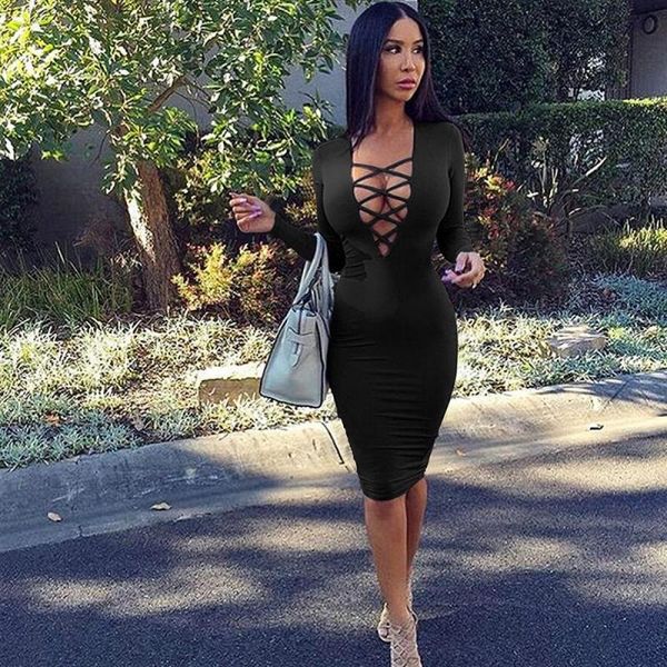 

casual dresses 2021 spring and autumn v-neck hollow long-sleeved dress nightclub slim mid-dress, Black;gray