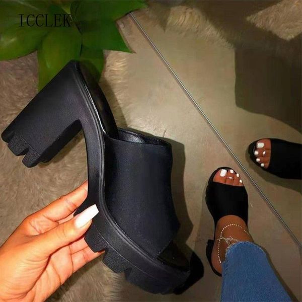 

sandals icclek 2021 women slippers high heels peep toe ladie shoes platform pumps for heel, Black