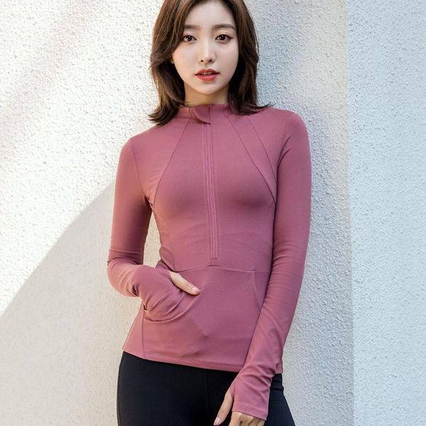 

sport women long sleeve shirt zipper pocket solid yoga silm finger cuffer fitness gym wear workout female sportswear outfits, White;red
