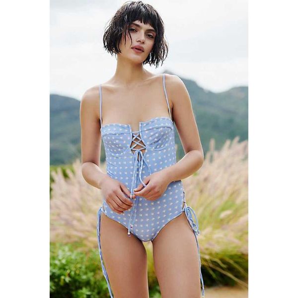 

sky blue dot one piece swimsuit women bandeau push up swimwear high cut bandage summer beach bathing suit one-piece suits