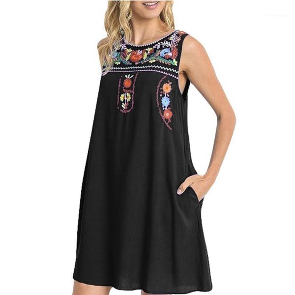 

cotton linen summer dress women loose plus size casual sleeveless vintage print beach sundress dresses vestidos, Black;gray
