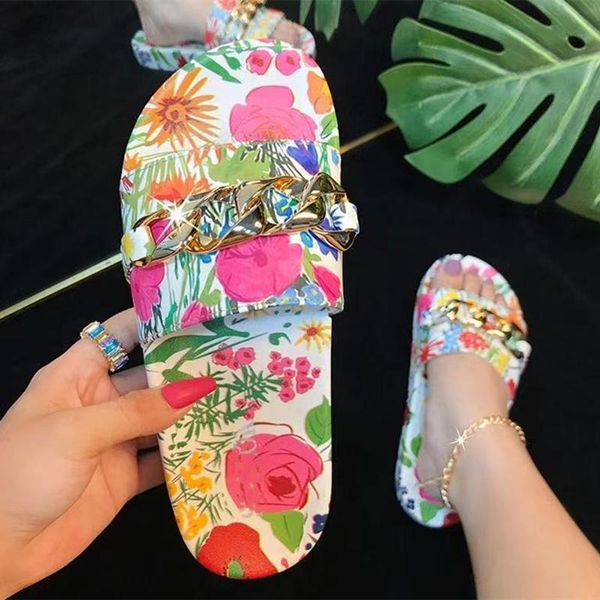 

slippers floral women's shoes summer open toe slides home outdoor gold chain ornament flower print sandals flat heel, Black