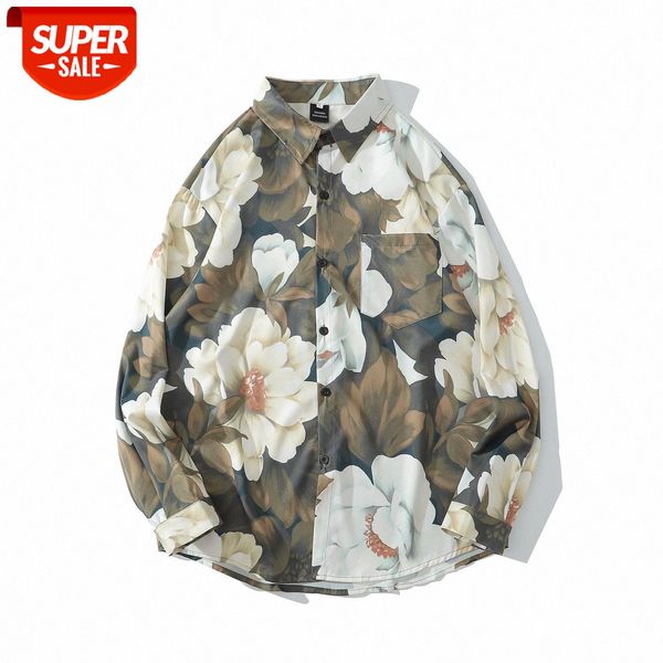 

french retro flower long-sleeved shirt western style rose full print casual street handsome design couple #st6z, White;black