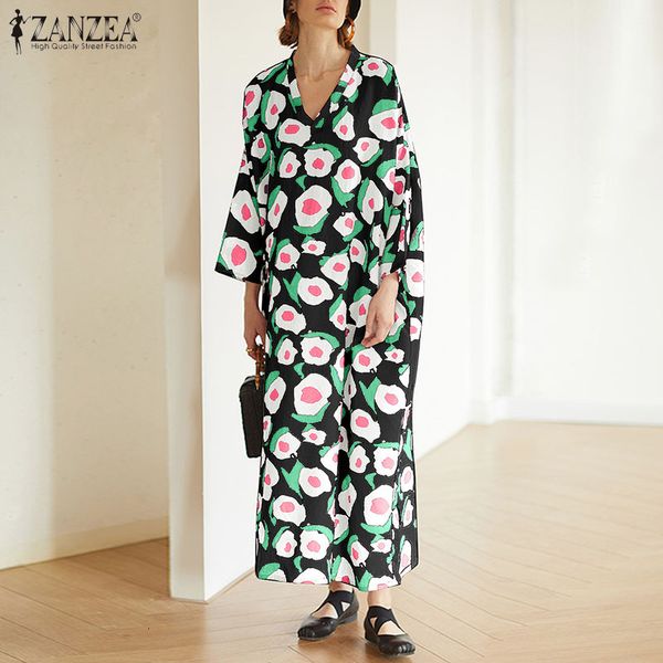 

casual dresses bohemian long sundress zanzea women's floral print dress 2021 autumn holiday maxi vestidos ladies 3/4 sleeve v-neck, Black;gray