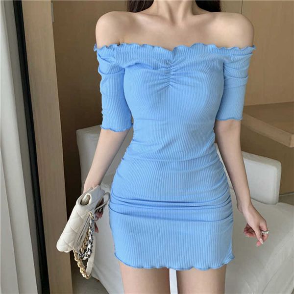 

shintimes off shoulder dress women slash neck summer short ruffles knitted dresses mini elasticity slim femme robe 210615, Black;gray