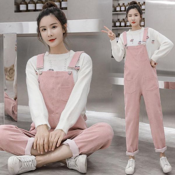 

689# 2021 spring autumn corduroy maternity bib pants sweet loose jumpsuits clothes for pregnant women pregnancy casual overalls bottoms, White