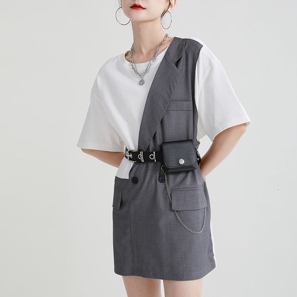 

casual dresses [ewq] japÃ£o estilo retalhos colorblock vestido de verÃ£o manga curta solto em linha reta assimÃ©trico mini vestidos roupas femi, Black;gray