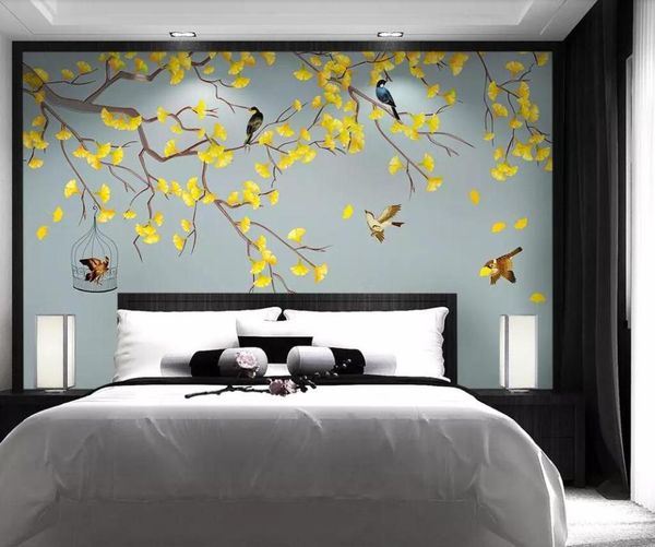 

wallpapers drop custom size mural wallpaper 3d ginkgo hand-painted flowers and birds bedroom wall decoration